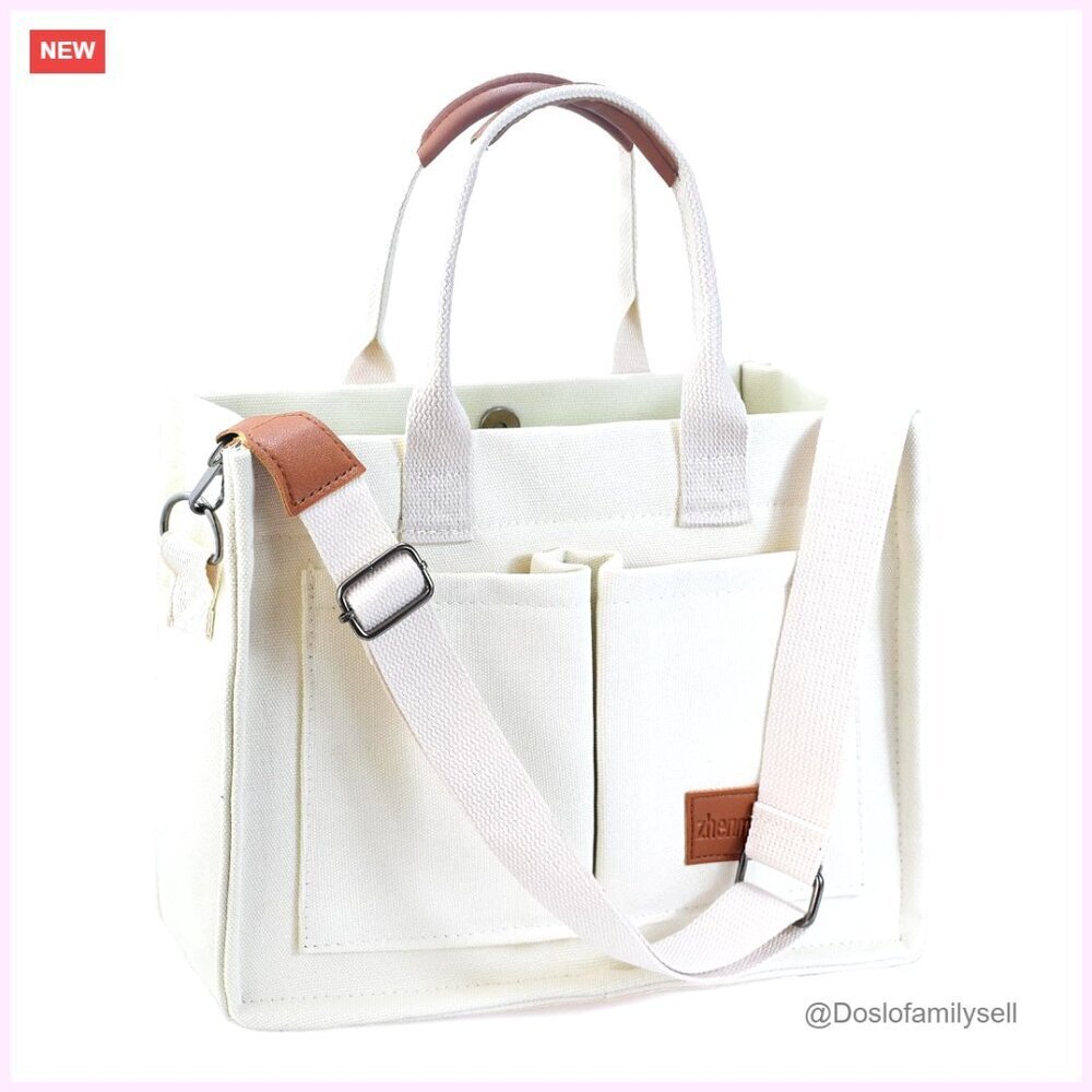 Canvas Tote Bag with Multiple Pockets Adjustable Strap Large Capacity